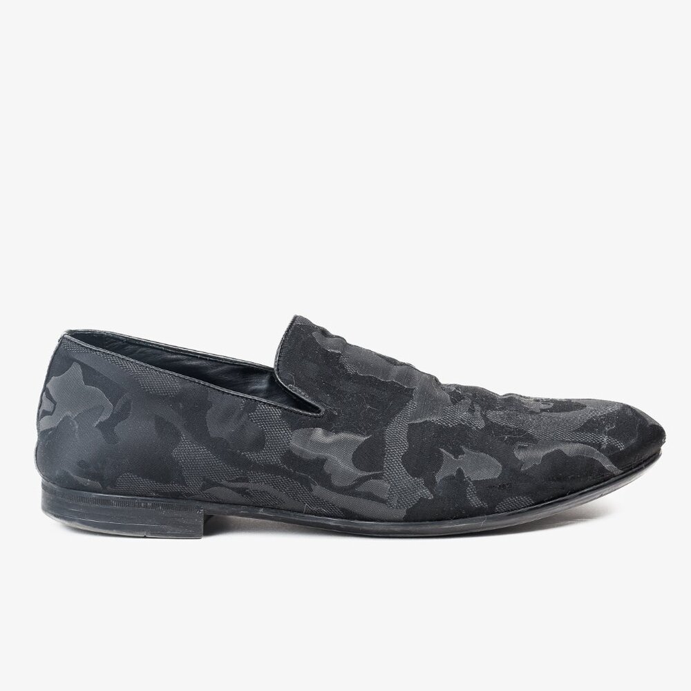 Jimmy Choo Black Camouflage Textile Loafers, Size 12.5